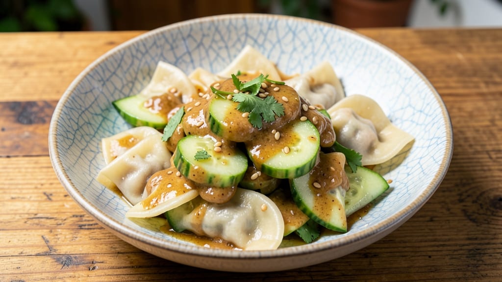 Dumplings and Smashed Cucumber Salad With Peanut Sauce Recipe: Crunchy, Creamy, Nutty Balance in One Bowl